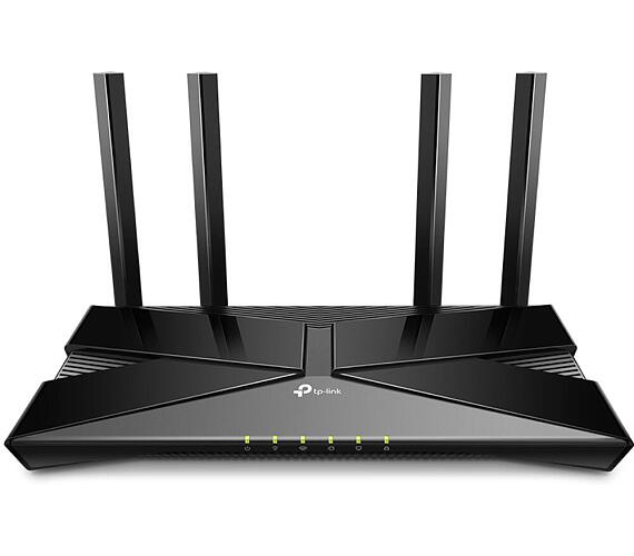 Foto van tp-link archer AX23 router. Kleur zwart met groene led lampjes. Afbeelding van voorkant.