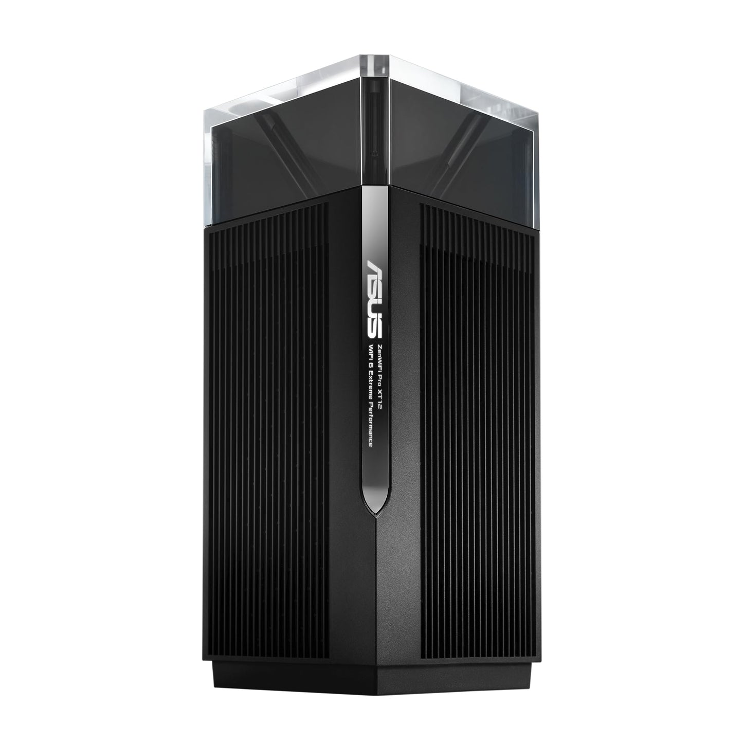 De ASUS XT12, een krachtig wit mesh wifi-systeem met een strak, vierkant ontwerp en subtiele ventilatieopeningen, staat afgebeeld tegen een witte achtergrond. Dit apparaat levert hoge draadloze snelheden en naadloze dekking voor moderne netwerken.