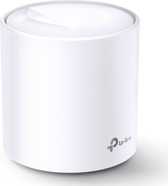 Wifi-versterker van Tp-link. Model: Deco X60 V3.20 AX5400, wit, voorkant aanzicht. Tp-link logo op de voorkant gedrukt.