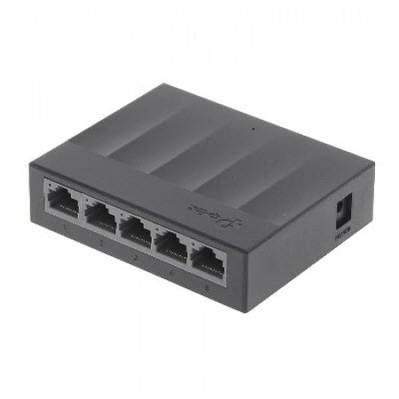 tp-link LS1005G switch. Kleur zwart. Foto schuin voorkant.