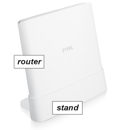 Witte Zyxel T75 modem tegen een witte achtergrond, staand met strakke lijnen en LED-statuslampjes bovenop, geschikt voor WiFi AX-6000 en 10G Ethernet.