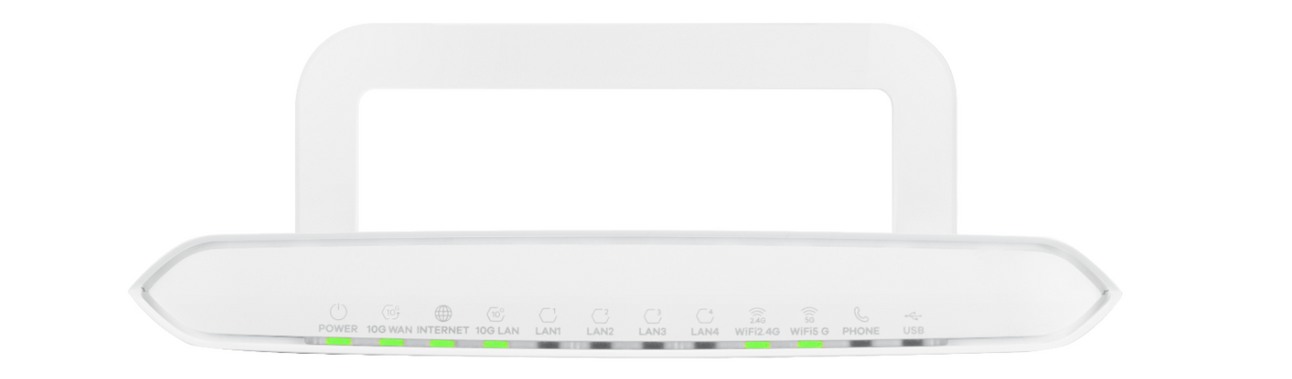 Zyxel T75 witte modem met bovenste LED-indicatoren, geschikt voor snelle WiFi 6 AX-6000 en 10G Ethernet, tegen een witte achtergrond
