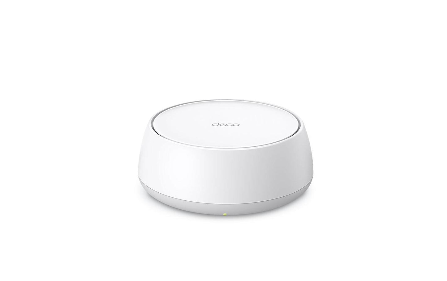 De TP-Link Deco BE25, een wit, cilindervormig mesh wifi-systeem met een subtiele LED-indicator, staat tegen een witte achtergrond. Dit apparaat ondersteunt WiFi 7 en biedt hoge snelheden en naadloze dekking voor een stabiele internetverbinding in huis of op kantoor.