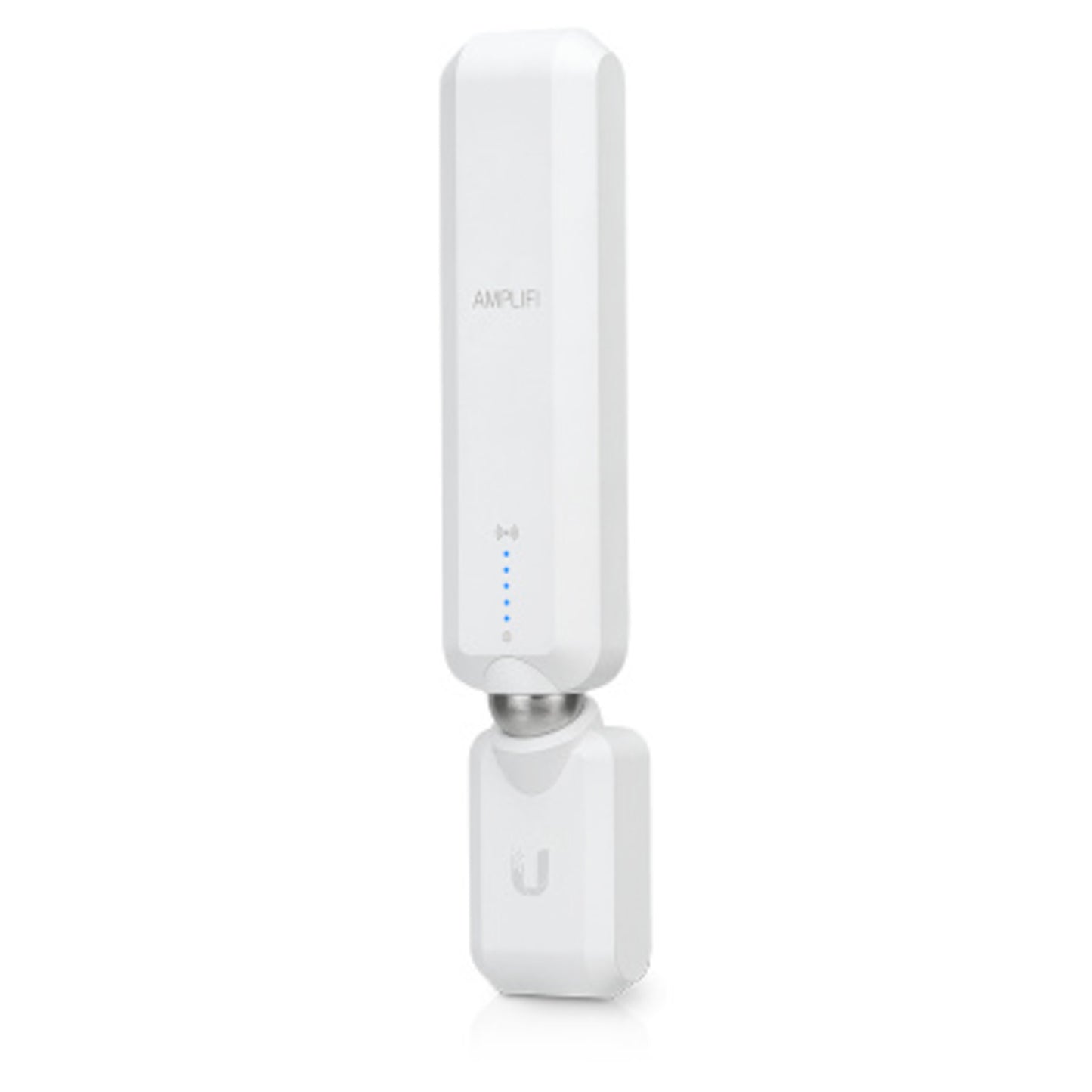 De Ubiquiti UniFi AmpliFi HD Mesh Point, een slank, wit wifi-uitbreidingspunt met een magnetische verstelbare antenne en een subtiele LED-indicator, staat tegen een witte achtergrond. Dit apparaat biedt krachtige mesh wifi-dekking en naadloze connectiviteit voor grotere woningen en kantoren.