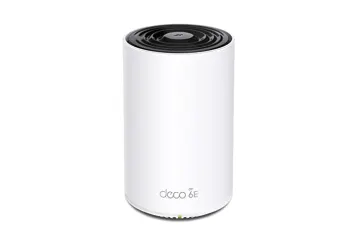 Foto van een refurbished Deco XE75 wifi-versterker. Kleur wit met zwart. Het merk is van TP-Link.