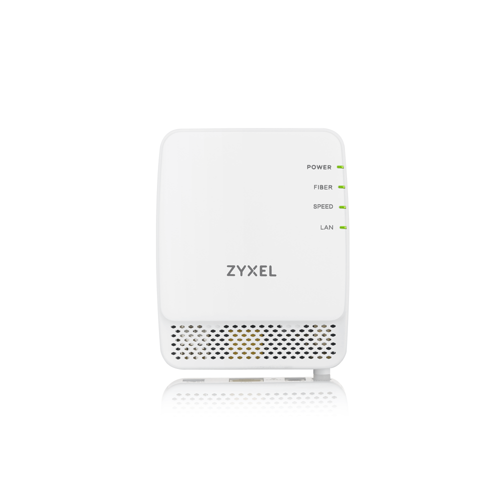 De Zyxel FMG3005-R20A is een compacte, witte Gigabit Active Fiber Bridge met een minimalistisch ontwerp en subtiele LED-indicatoren aan de voorzijde. Het apparaat is afgebeeld tegen een witte achtergrond, wat de strakke vormgeving en geavanceerde glasvezeltechnologie benadrukt.