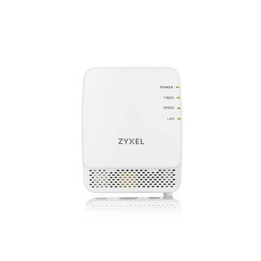 De Zyxel FMG3005-R20A is een compacte, witte Gigabit Active Fiber Bridge met een minimalistisch ontwerp en subtiele LED-indicatoren aan de voorzijde. Het apparaat is afgebeeld tegen een witte achtergrond, wat de strakke vormgeving en geavanceerde glasvezeltechnologie benadrukt.