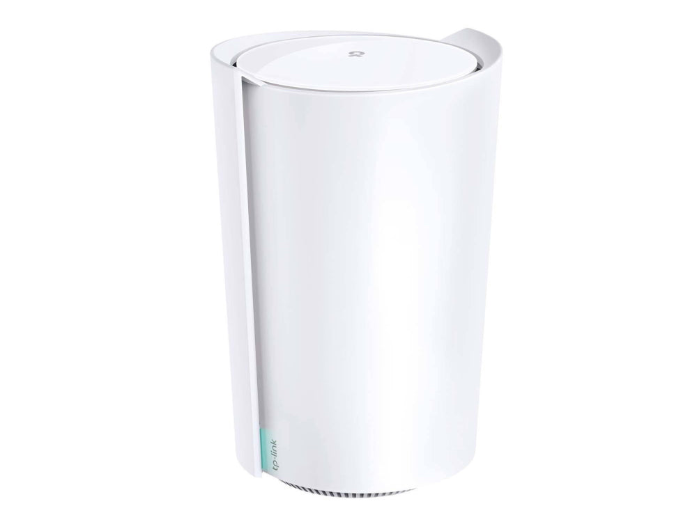 Wifi-versterker van Tp-link. Model: Deco X90, wit, voorkant aanzicht. Knipperend blauw LED lampje.