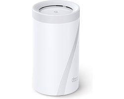 De refurbished TP-Link Deco BE65 PRO, een cilindervormig mesh wifi-systeem in een strak wit ontwerp, staat afgebeeld tegen een witte achtergrond. Dit apparaat biedt krachtige wifi 7-prestaties en naadloze dekking, ideaal voor moderne huishoudens en kantoren.