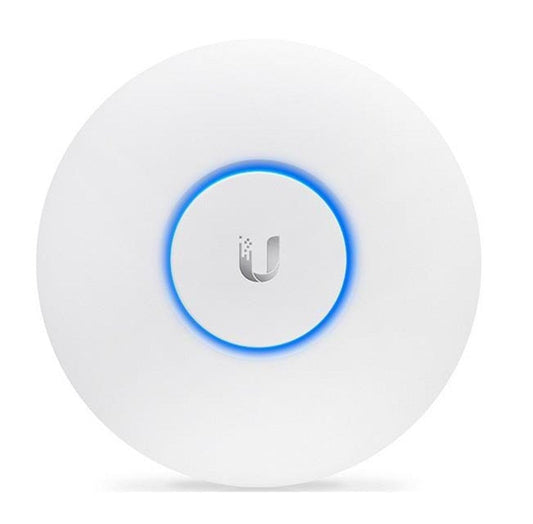 Unifi U6 LR accesspoint. Kleur wit met blauw. Foto vooraanzicht. 