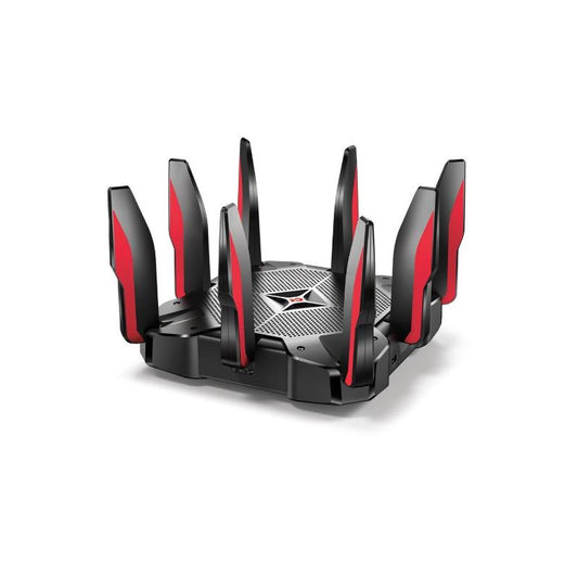 Tp-link archer C5400X gaming router. Kleur zwart en rood. Foto zijkant.