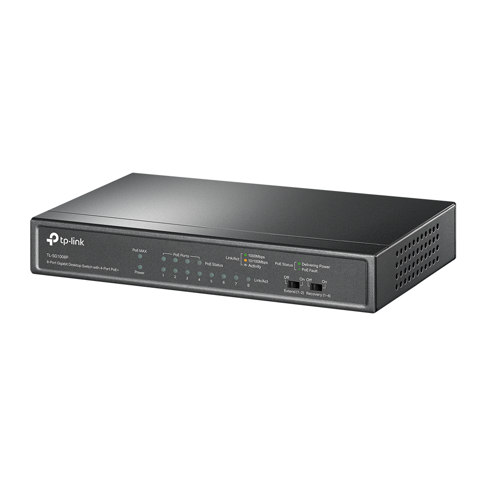 TP-Link TL-SG1008P PoE+ switch met zwarte metalen behuizing, acht gigabit ethernetpoorten aan de voorzijde en led-indicatoren voor stroom en netwerkactiviteit. Compact desktopmodel geschikt voor PoE-netwerkapparatuur zoals access points en IP-camera’s.