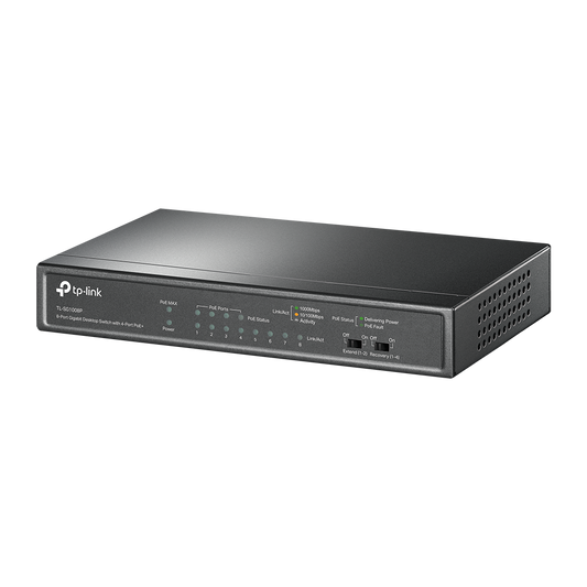 TP-Link TL-SG1008P PoE+ switch met zwarte metalen behuizing, acht gigabit ethernetpoorten aan de voorzijde en led-indicatoren voor stroom en netwerkactiviteit. Compact desktopmodel geschikt voor PoE-netwerkapparatuur zoals access points en IP-camera’s.