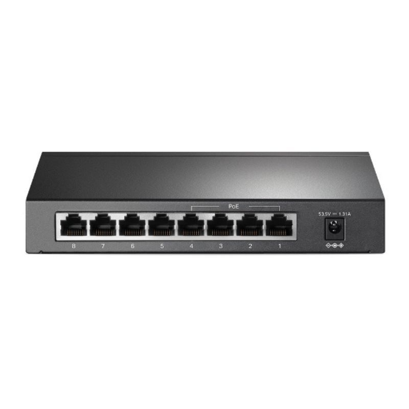 Compacte TP-Link TL-SG1008P netwerkswitch in zwarte metalen uitvoering met acht RJ45-poorten en statuslampjes aan de voorkant. Ontworpen voor het aansluiten en voeden van apparaten via Power over Ethernet, zoals beveiligingscamera’s en wifi-access points.