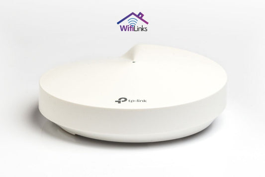 Wifi-versterker van Tp-link. Model: Deco M5, kleur wit, voorkant aanzicht met daarboven het Wifilinks logo.