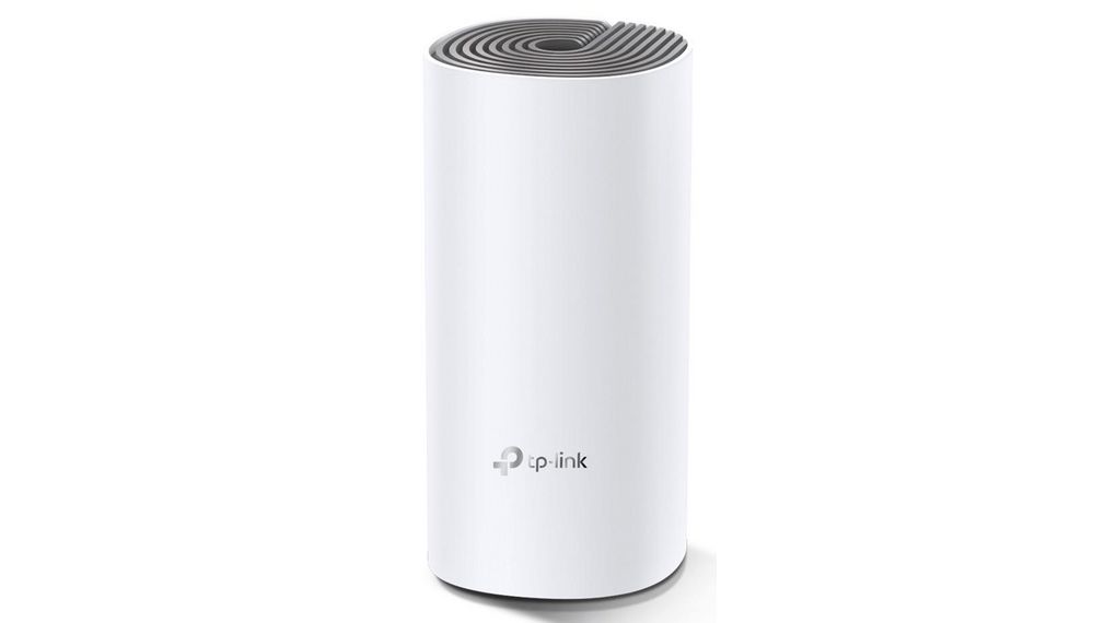 De TP-Link Deco P9, een wit, cilindervormig mesh wifi-systeem met een subtiele LED-indicator aan de bovenkant, staat tegen een witte achtergrond. Dit apparaat combineert wifi en powerline-technologie voor een stabiele en uitgebreide dekking in huis.