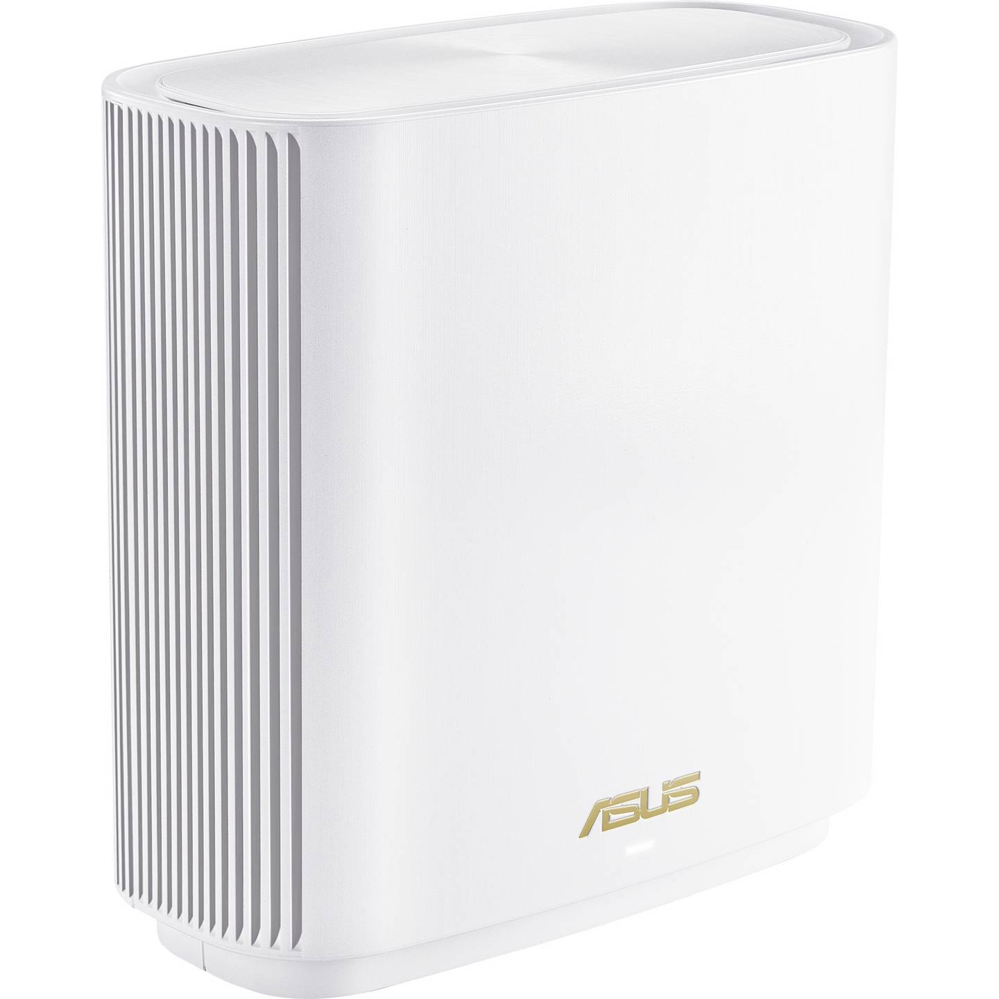 Advertentiefoto van een ASUS XT9, een wit, vierkant mesh wifi-systeem met een subtiel ASUS-logo aan de voorkant. Het apparaat staat tegen een witte achtergrond, wat het moderne ontwerp en de geavanceerde netwerkfunctionaliteit benadrukt.